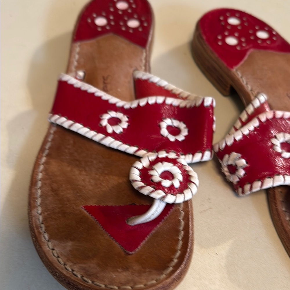 Jack Rogers Palm Tree 9 Red and White Leather Thong Sandals